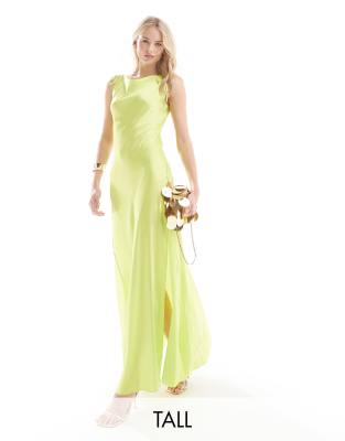 Vero Moda Tall Satin Tie Shoulder Maxi Slip Dress With Seam Detail In Lime-green