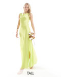 Vero Moda Tall satin tie shoulder maxi slip dress with seam detail in lime-Green