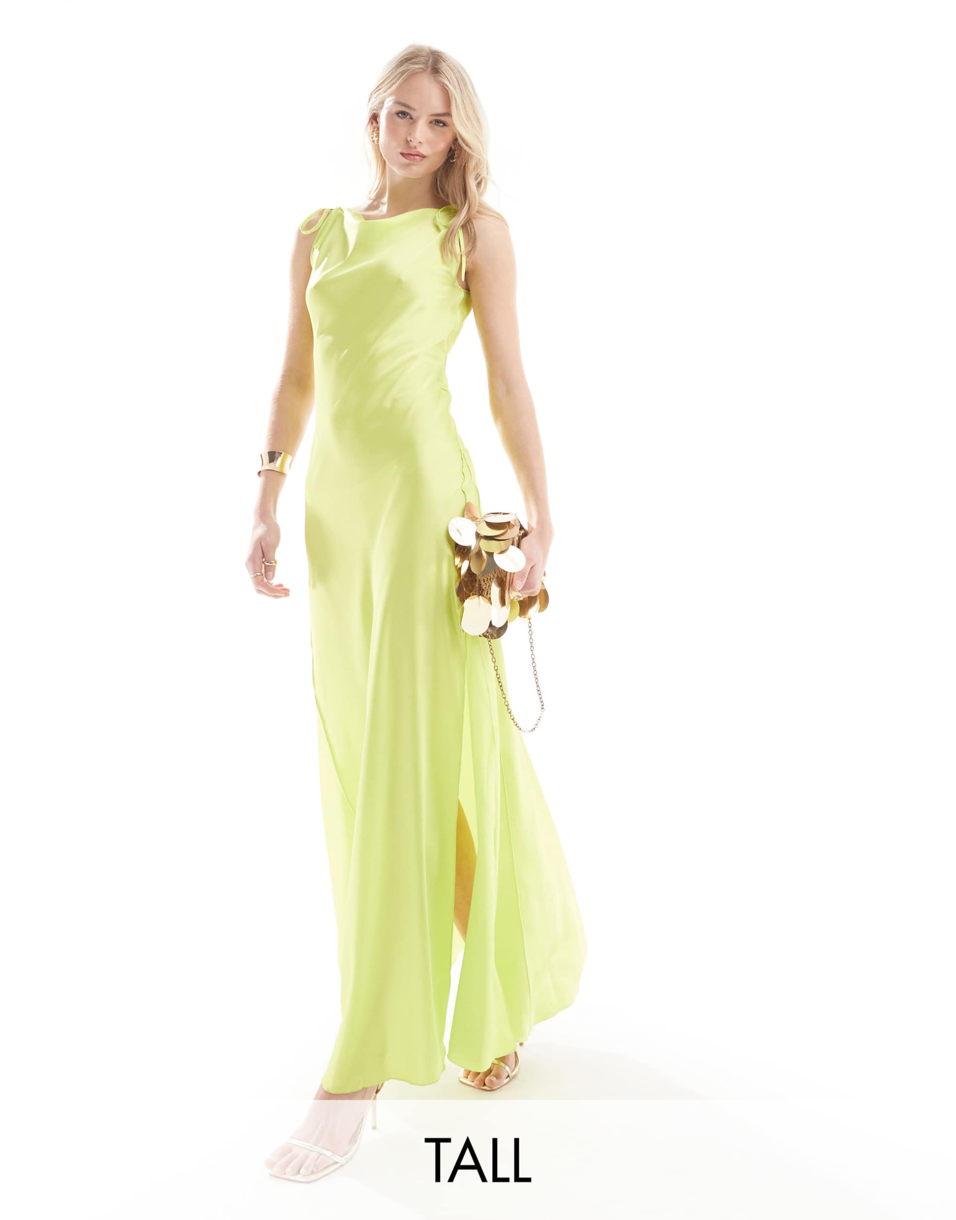 vero moda tall satin tie shoulder maxi slip dress with seam detail in lime