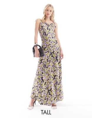 Vero Moda Tall Satin Tie Shoulder Maxi Slip Dress With Seam Detail In Purple Print