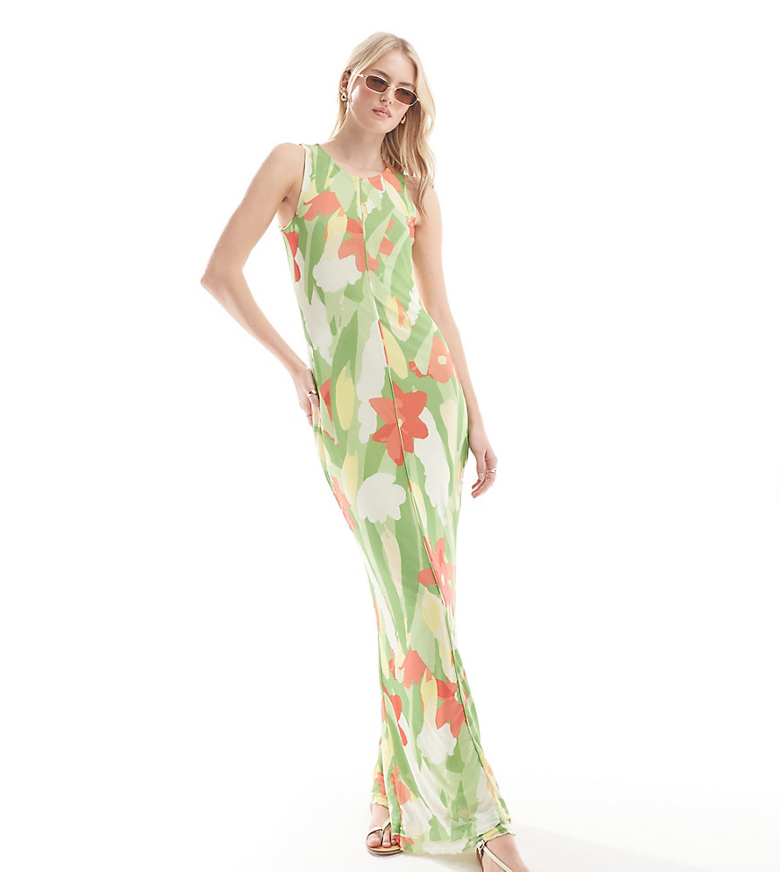 Vero Moda Tall sleeveless lettuce edge mesh dress in green floral print-Multi