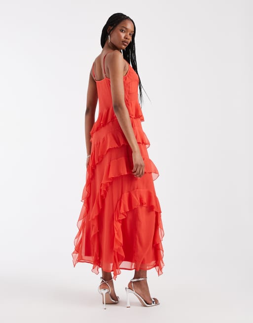 Vero Moda Tall – Smilla – Chiffon-Midikleid in Rot mit schmalen Trägern und Rüschen, 2 von 4