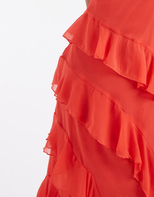 Vero Moda Tall – Smilla – Chiffon-Midikleid in Rot mit schmalen Trägern und Rüschen, 3 von 4