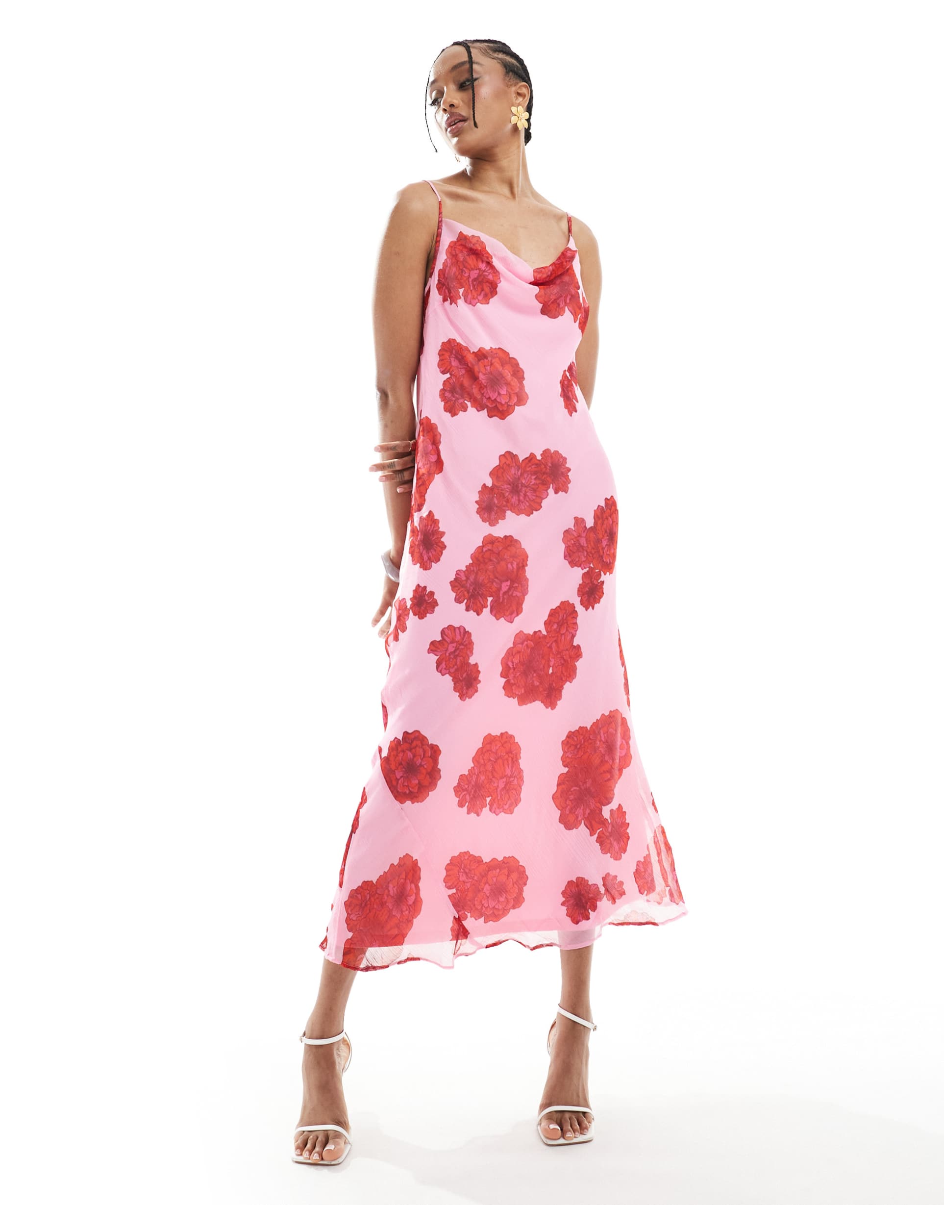vero moda tall smilla cowl neck cami midi dress in red and pink floral print