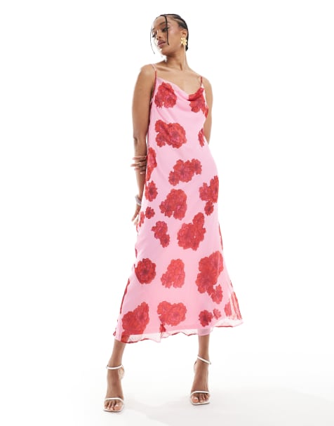 Vero Moda Tall Smilla cowl neck cami midi dress in red and pink floral print