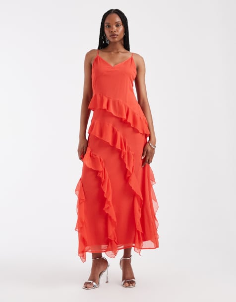 Vero Moda Tall - Smilla - Robe mi-longue en mousseline à volants et fines bretelles - Rouge - view 1