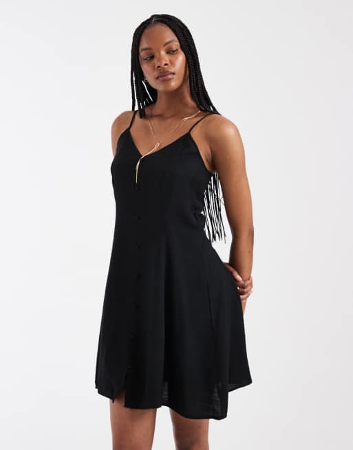 Vero Moda Tall - Sort mini-skaterkjole med cami-stropper og knapper foran, 4 af 4