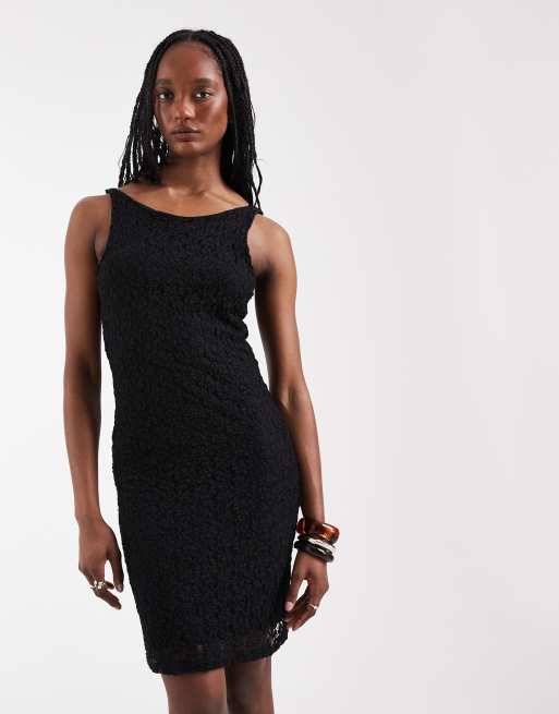 Vero Moda Tall - Sort ærmeløs minikjole med bred halsudskæring og stretch i blomstret blondestof, 2 af 4
