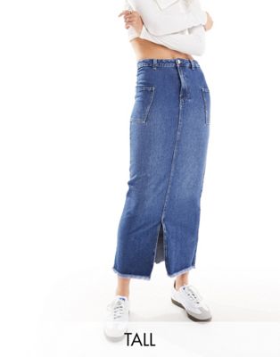 Vero Moda Tall Split Front Maxi Skirt With Side Pockets In Dark Blue Denim