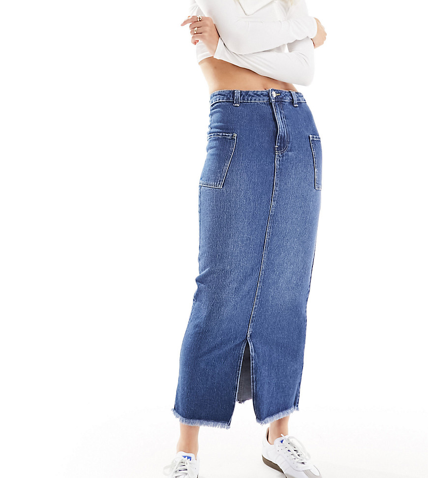 Vero Moda Tall Split Front Maxi Skirt With Side Pockets In Dark Blue Denim