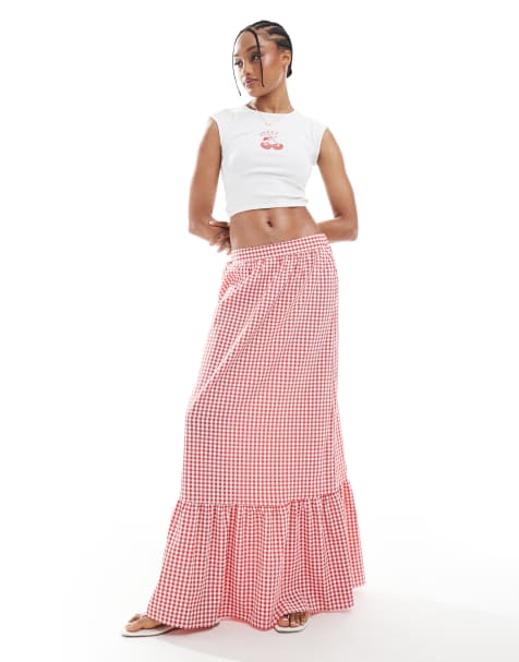 Vero Moda Tall – Spódnica maxi z warstwowym dołem w czerwoną kratkę vichy - view 1