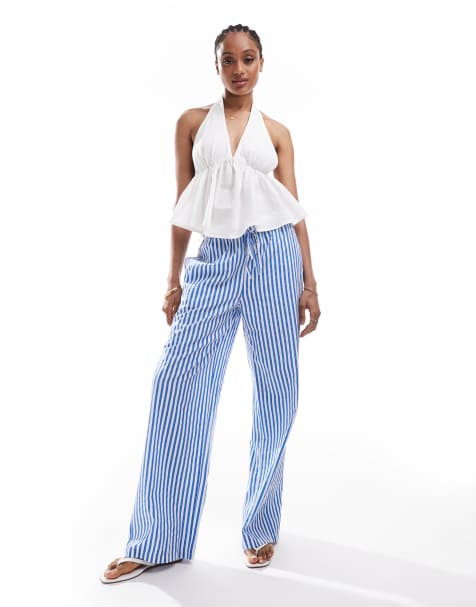 Vero Moda Tall double waistband detail wide leg trouser in blue stripe