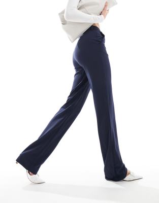 Vero Moda Tall Straight Leg Jersey Pants With Belt Loops In Navy