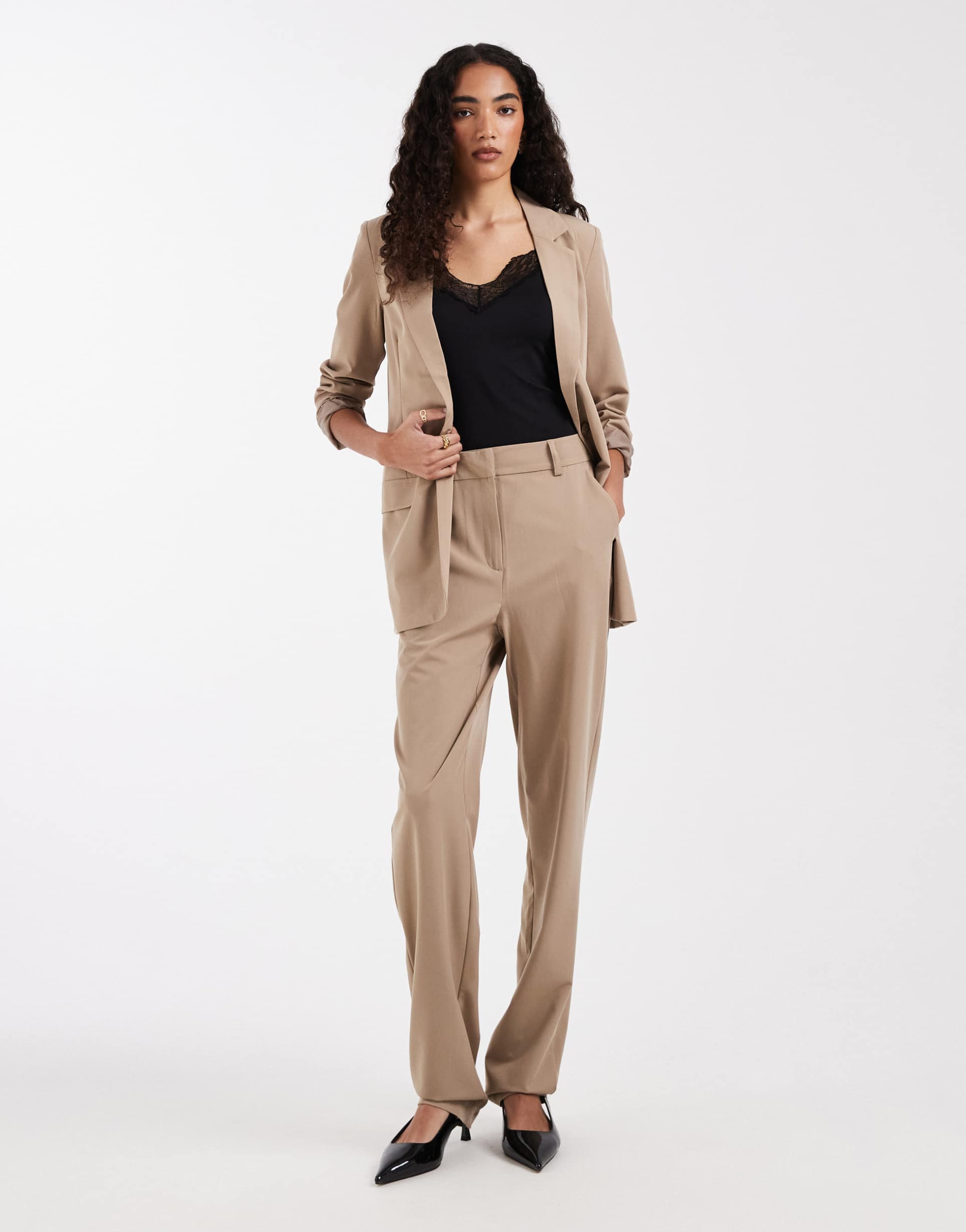 vero moda tall straight leg tailored pants in beige - part of a set