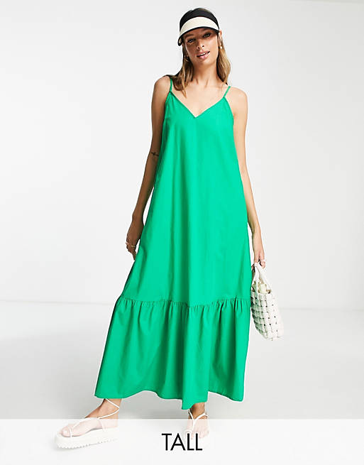 Vero Moda Tall strappy tiered midi dress in bright green