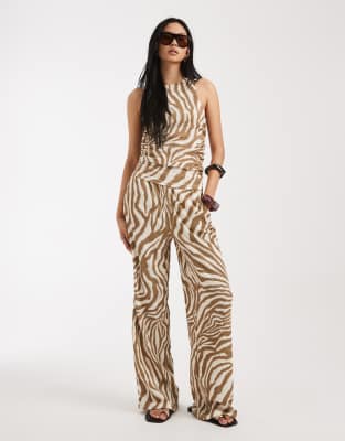 Vero Moda Tall - Strukturierte Jersey-Hose in Birke mit abstraktem Muster und weitem Bein, Kombiteil-Weiß