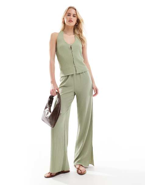 Vero Moda Tall – Strukturierte Jersey-Hose in Teegrün mit Saumschlitz, Kombiteil - view 1