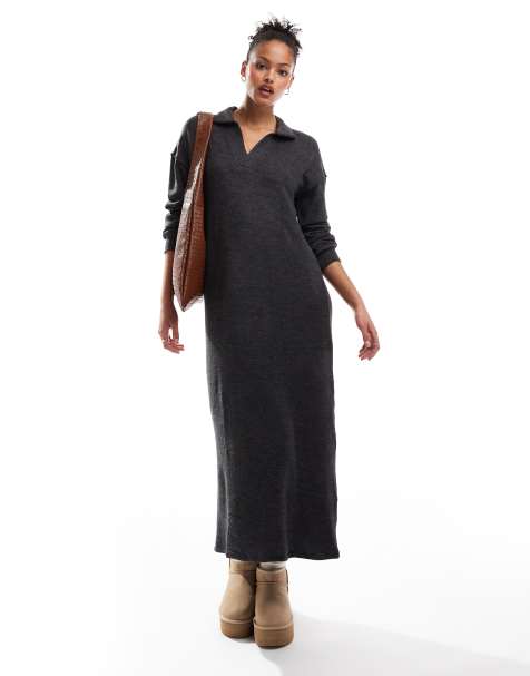 Vero Moda Tall - Superzachte midaxi jurk met polohals in gemêleerd zwart - view 1