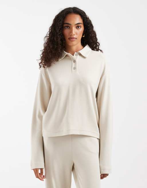 Vero Moda Tall superzachte polo sweat top co-ord in crème, 3 van 4