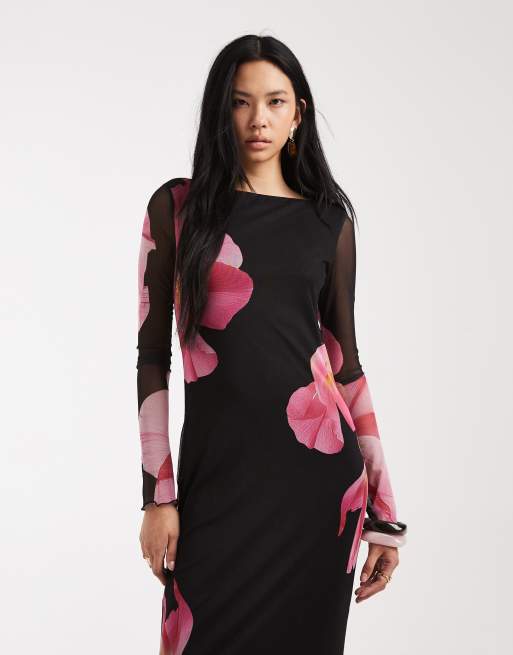 Vero Moda Tall – Svart maxiklänning i mesh med långa ärmar och stora blommor, 2 av 4