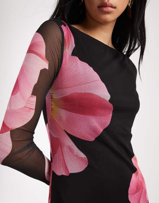 Vero Moda Tall – Svart maxiklänning i mesh med långa ärmar och stora blommor, 4 av 4