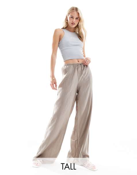 Vero Moda Tall textured drawstring waist wide leg trouser in taupe