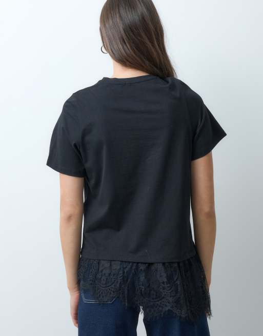 Vero Moda Tall t-shirt avec détail en dentelle asymétrique noir, 4 de 4