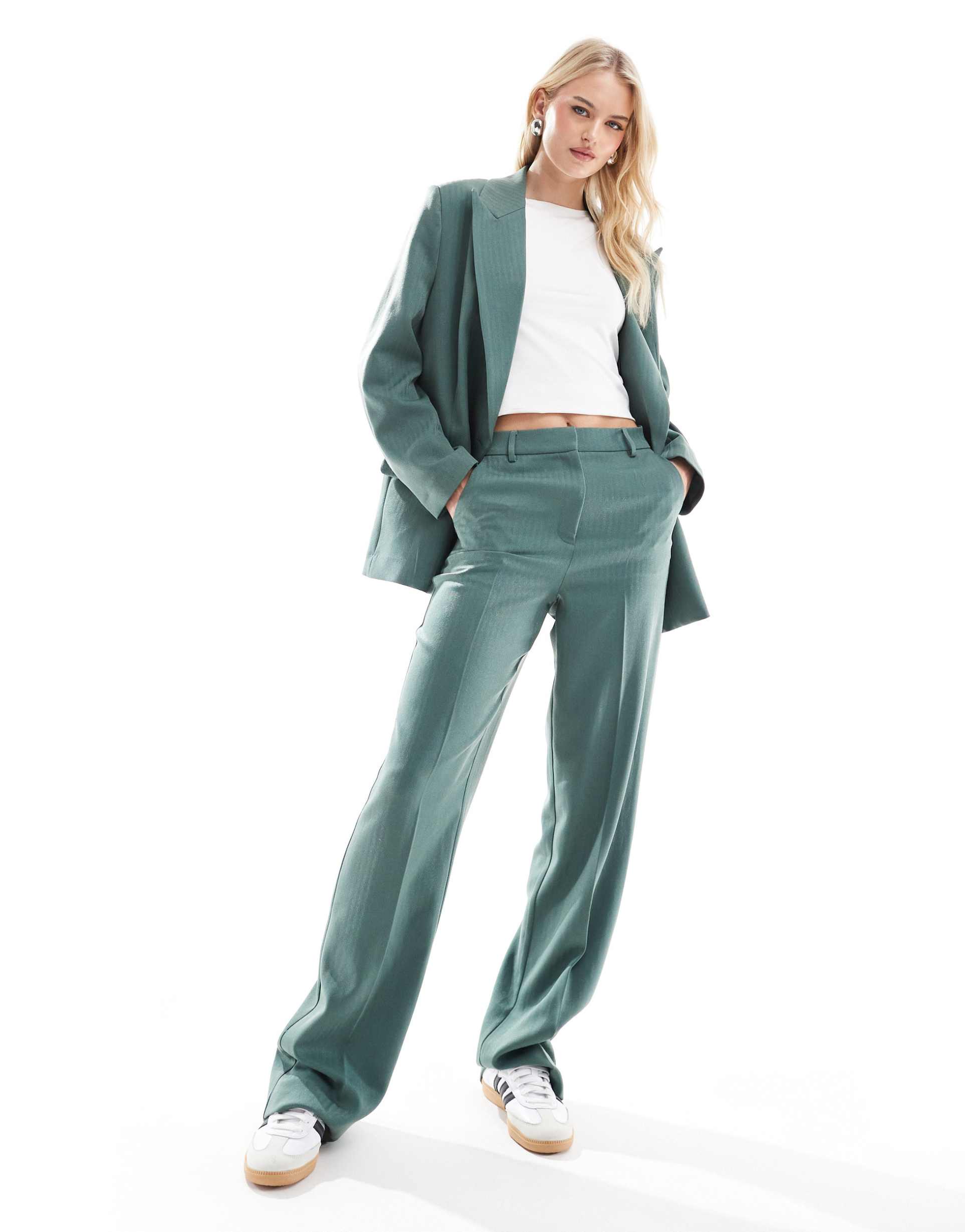 vero moda tall tailored herringbone wide leg pants in dark forest green - part of a set