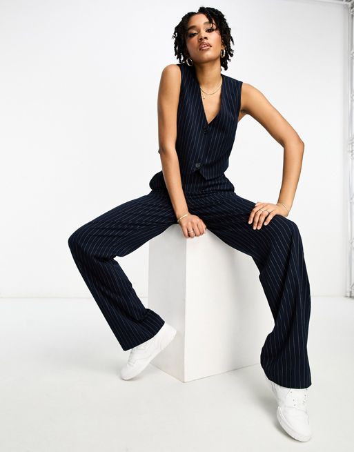 Vero Moda Tall tailored pinstripe cropped waistcoat in navy (part of a set)