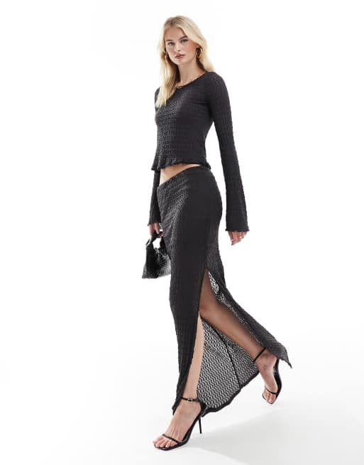 Vero Moda Tall textured jersey flared sleeve top and maxi skirt set in asphalt gray