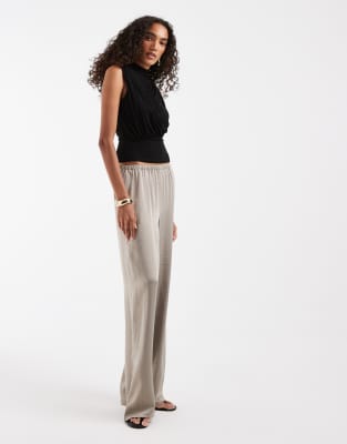 Vero Moda Tall Textured Satin Wide Leg Pants In Neutral