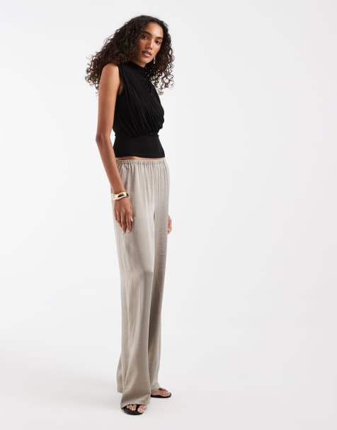 Vero Moda Tall textured satin wide leg trousers in stone - view 1