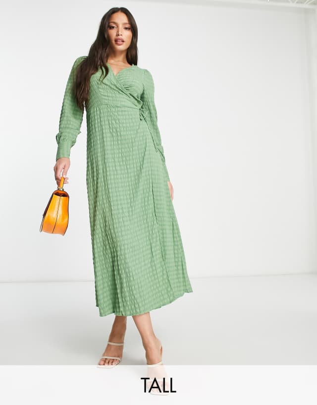 Vero Moda Tall textured wrap midi dress in green