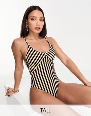 Vero Moda Tall tie shoulder swimsuit in cream and black stripe