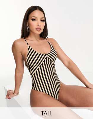 Vero Moda Tall tie shoulder swimsuit in cream and black stripe