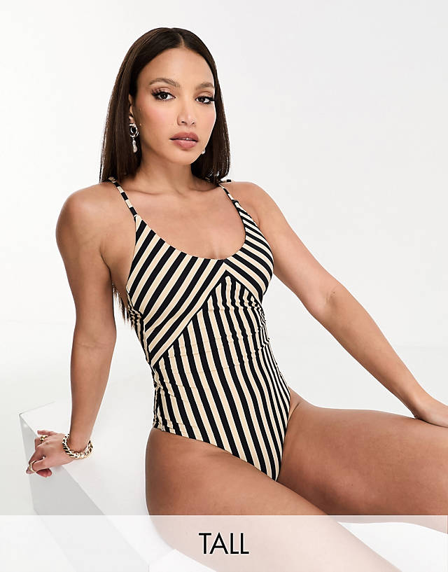Vero Moda Tall - tie shoulder swimsuit in cream and black stripe