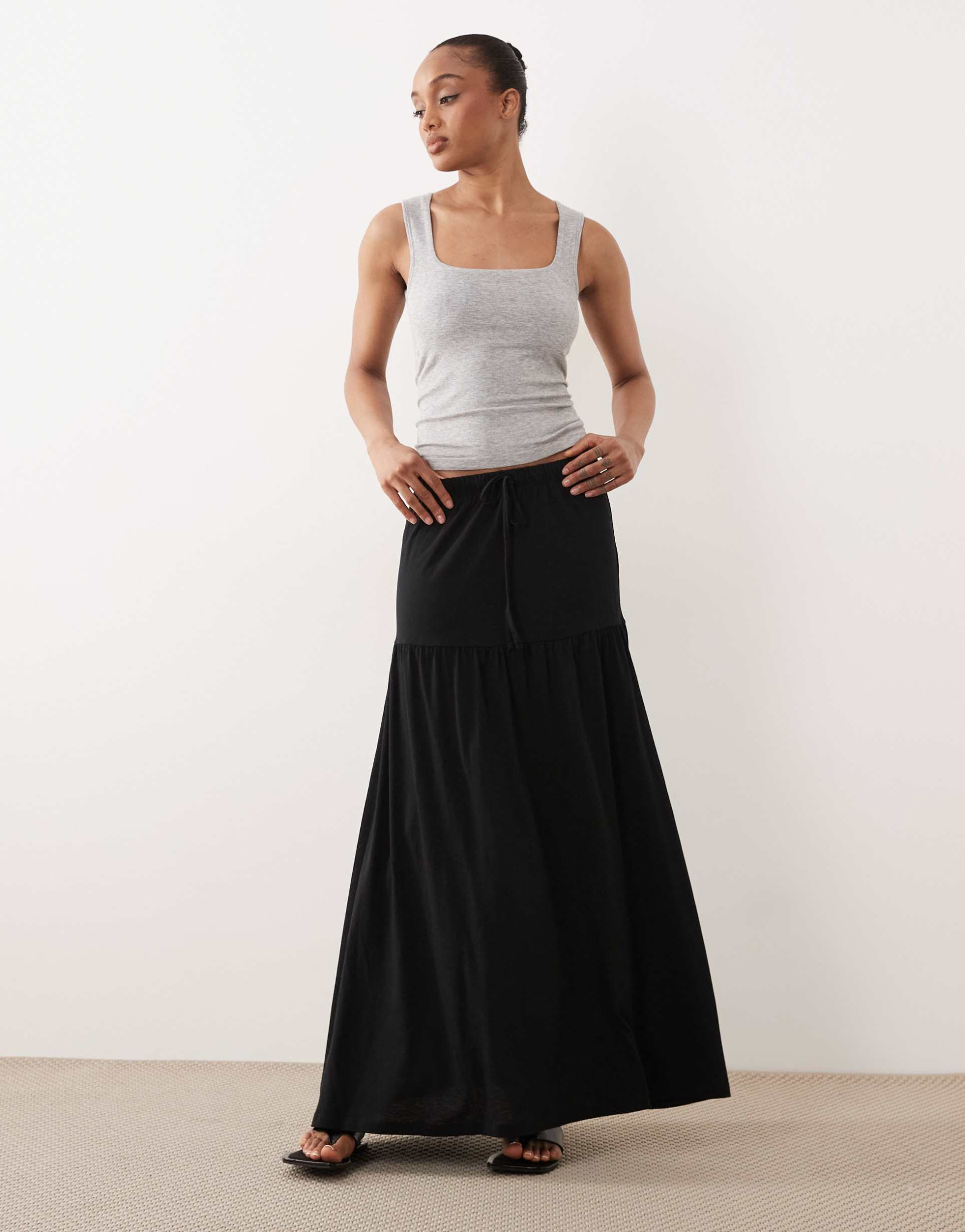 vero moda tall tie waist jersey tiered boho maxi skirt in black