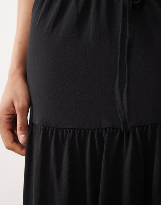 Vero Moda Tall tie waist jersey tiered boho maxi skirt in black, 3 of 5