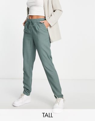 Vero Moda Tall Vero Moda Tall tie waist straight leg trousers in khaki-Green