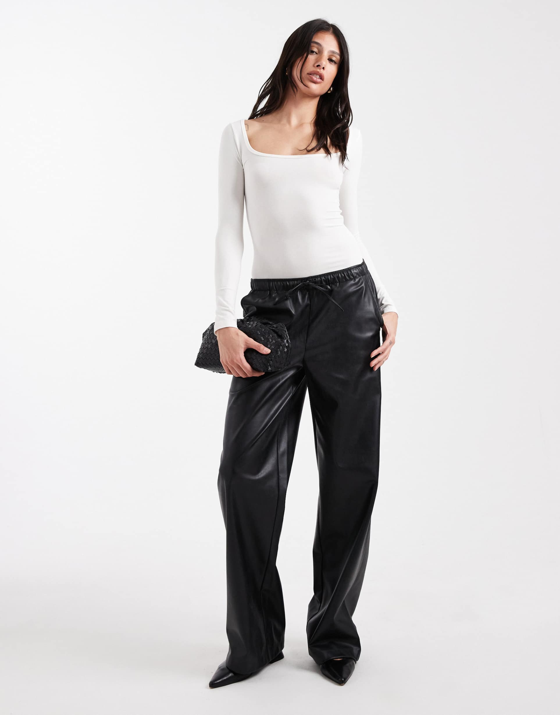 vero moda tall tie waist wide leg faux leather pants in black