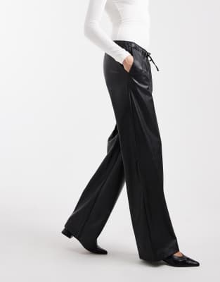 Vero Moda Tall Tie Waist Wide Leg Faux Leather Pants In Black