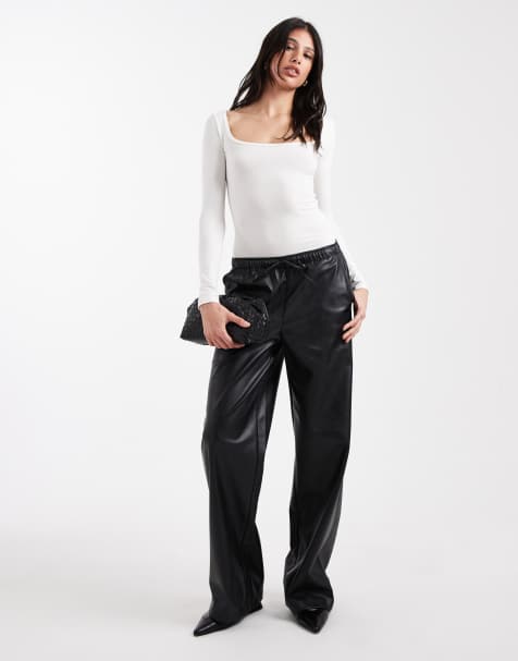 Vero Moda Tall tie waist wide leg faux leather trouser in black