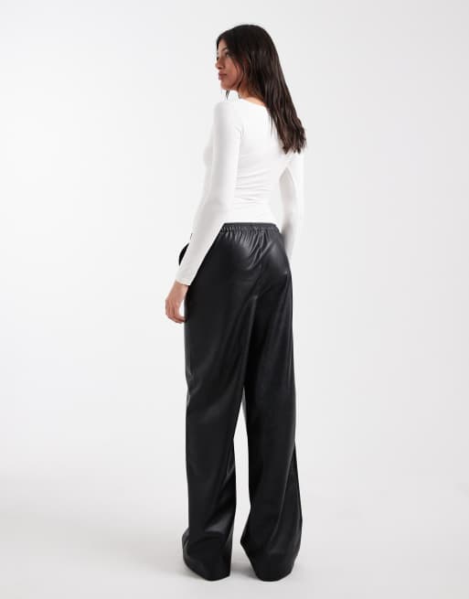Vero Moda Tall tie waist wide leg faux leather trouser in black, 3 of 5