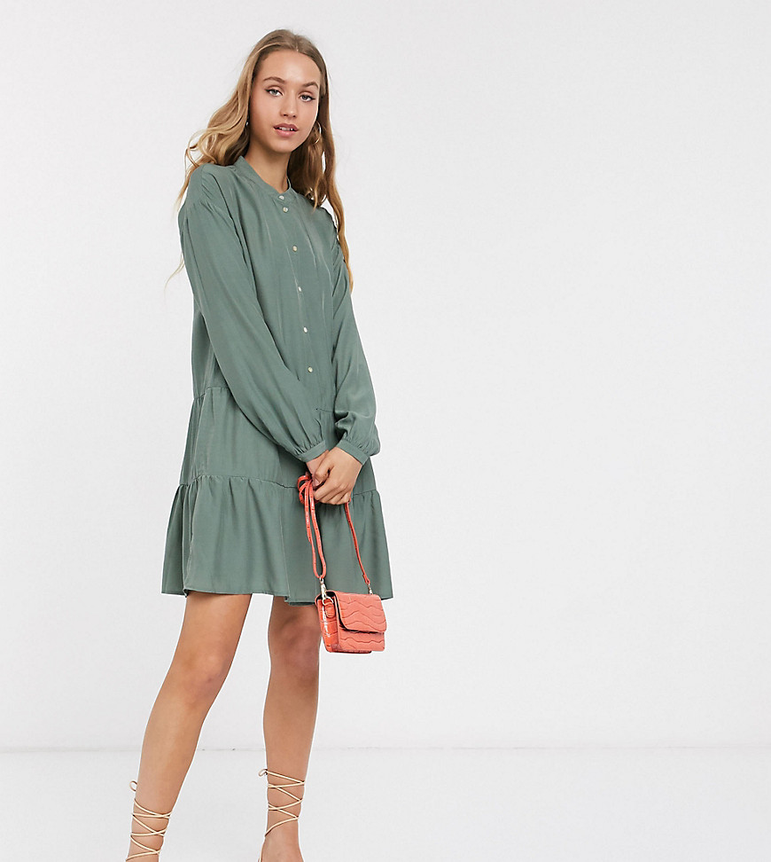 Vero Moda Tall tiered collarless shirt mini dress in khaki-Green