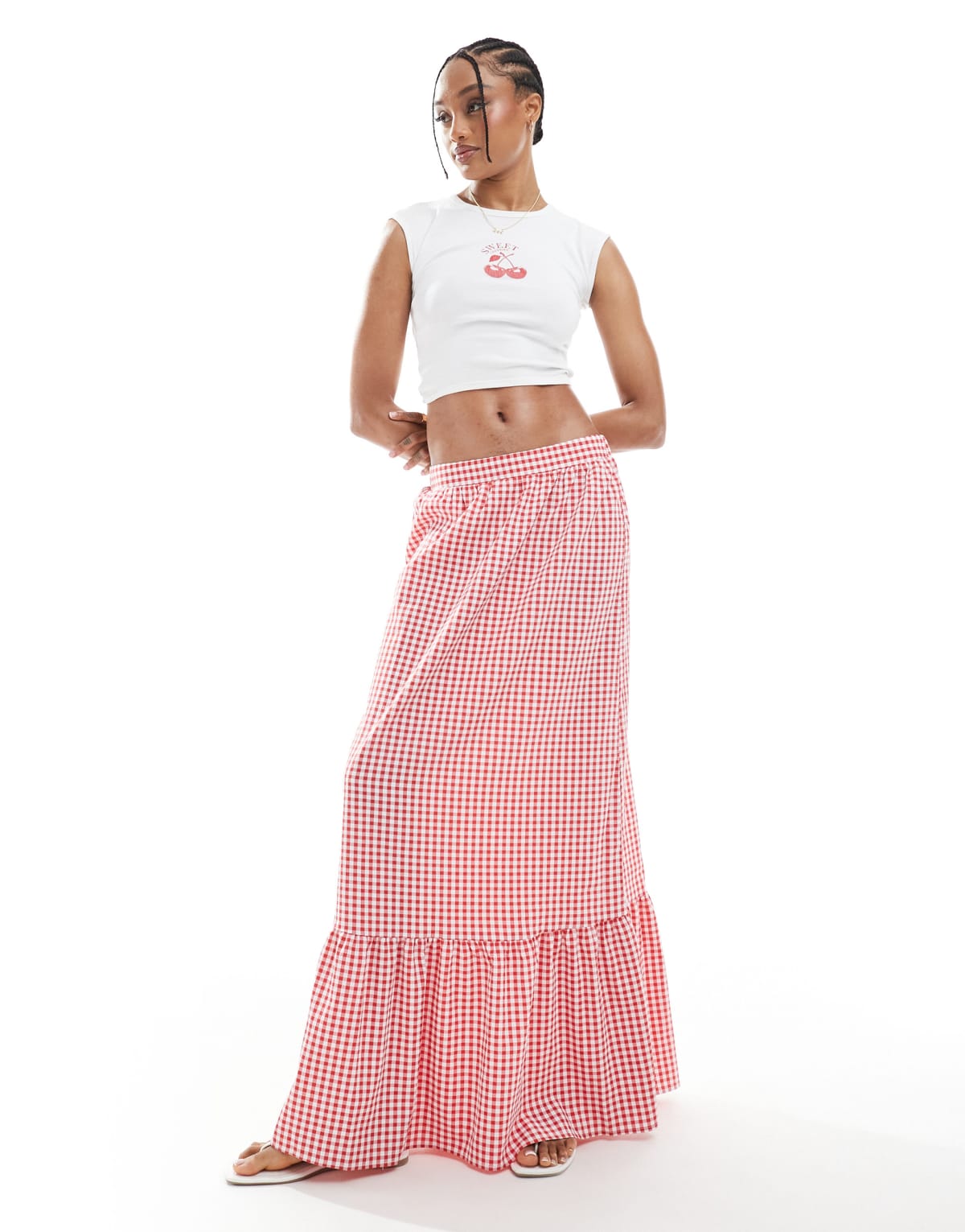 Vero Moda Tall tiered hem maxi skirt  in red gingham print