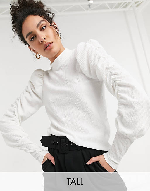Vero Moda Tall top with high neck and gathered sleeves in white