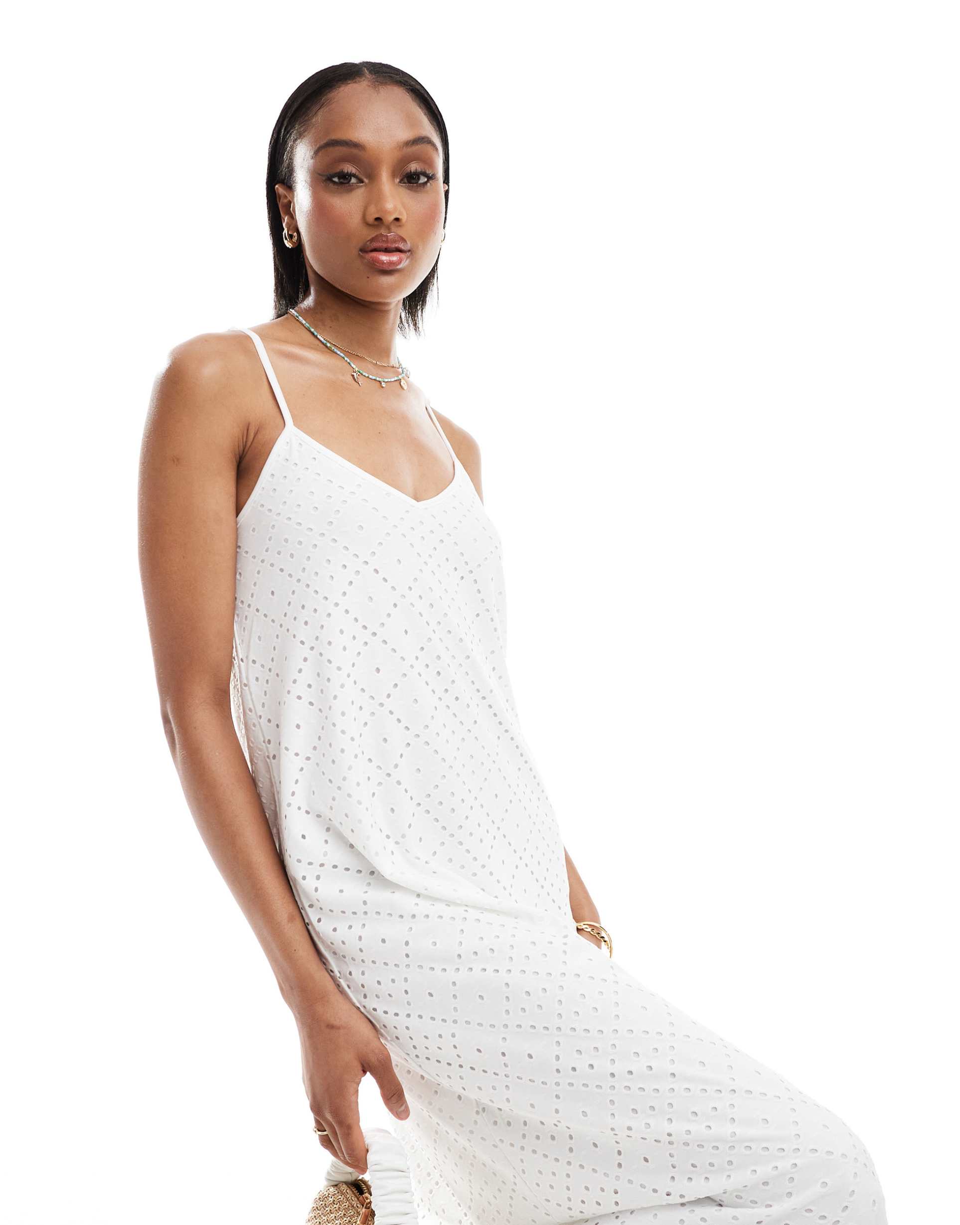 vero moda tall v neck eyelet jersey maxi dress in white