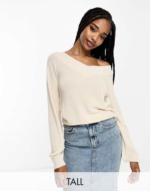 Vero Moda Tall v neck knit ribbed sweater in cream