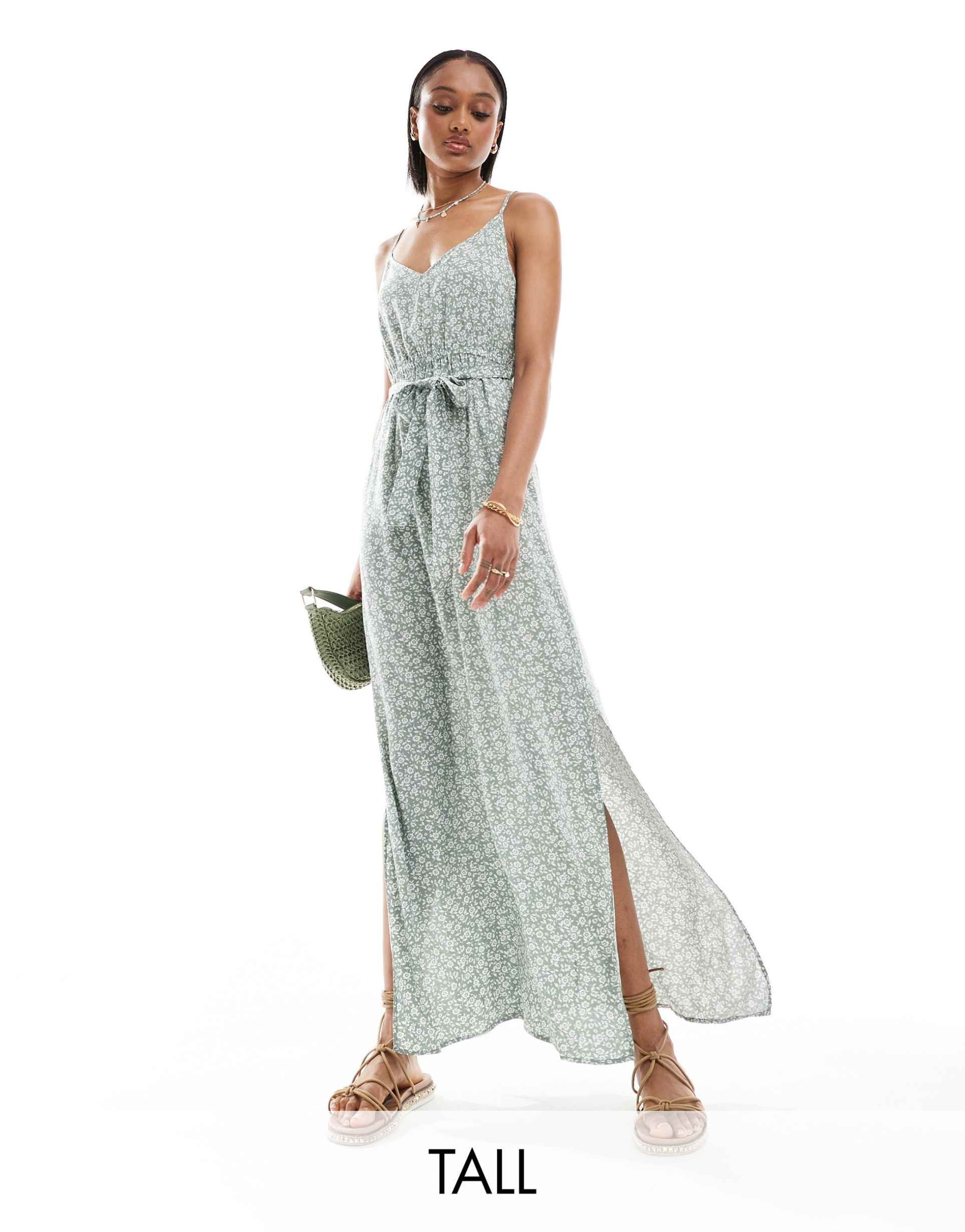 vero moda tall v neck maxi dress with tie waist in sage green floral