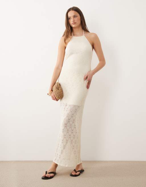 Vero Moda Tall - Vestido largo color crema con cuello halter de encaje elástico, 2 de 4